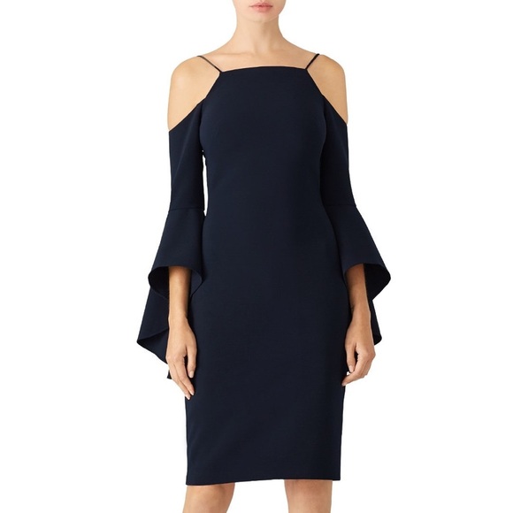 Theia midnight flounce dress Navy Size 4 Ruffle Sleeve Cold Shoulder - Picture 1 of 13
